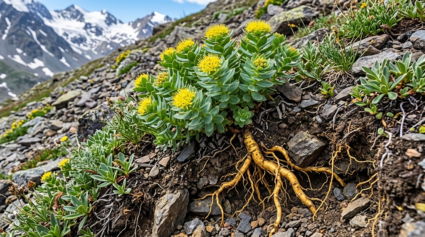 Rhodiola rosea plant with golden roots growing in natural mountain environment
